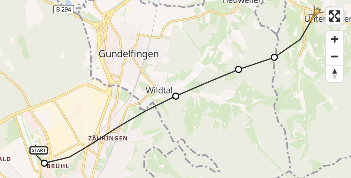 Flugroute Ambulanzhubschrauber Freiburg im Breisgau Flugplatz - Glottertal, 29 Juli 2026, 11:16