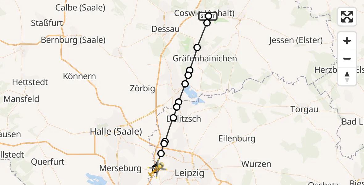 Flugroute Rettungshubschrauber MediClin Heart Center Coswig Hubschrauberlandeplatz - ADAC Air Rescue Station Leipzig/Schkeuditz-Dölzig Hubschrauberlandeplatz (Christoph 61), 29 Juli 2026, 11:16