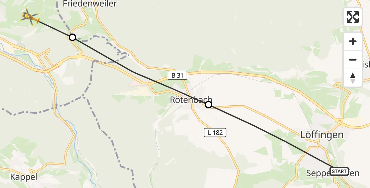 Flugroute Ambulanzhubschrauber Löffingen - Titisee-Neustadt, 29 Juli 2026, 11:17