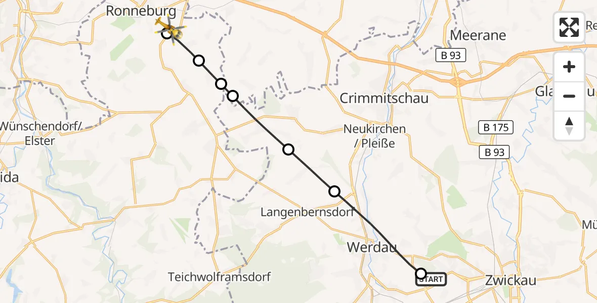 Flugroute Rettungshubschrauber ADAC Air Rescue Station Zwickau Hubschrauberlandeplatz - Ronneburg, 29 Juli 2026, 11:19
