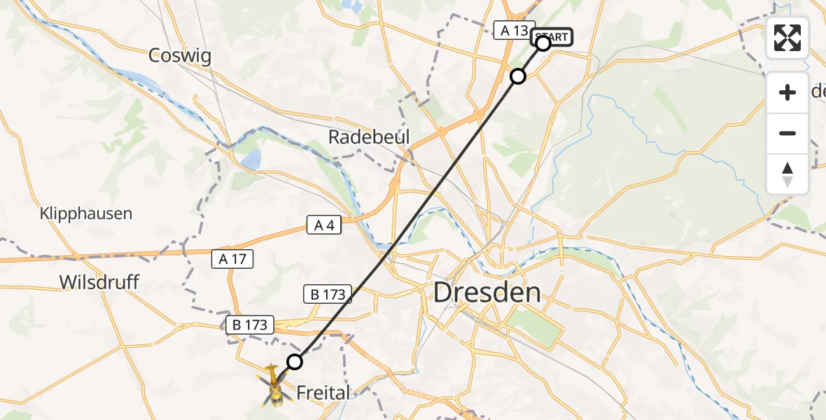 Flugroute Rettungshubschrauber Dresden Bundespolizei Hubschrauberlandeplatz - Freital, 29 Juli 2026, 11:25