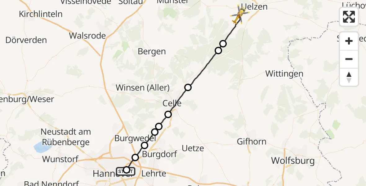 Flugroute Rettungshubschrauber Hannover Luftrettung Hubschrauberlandeplatz (Christoph 4) - Uelzen, 29 Juli 2026, 11:29