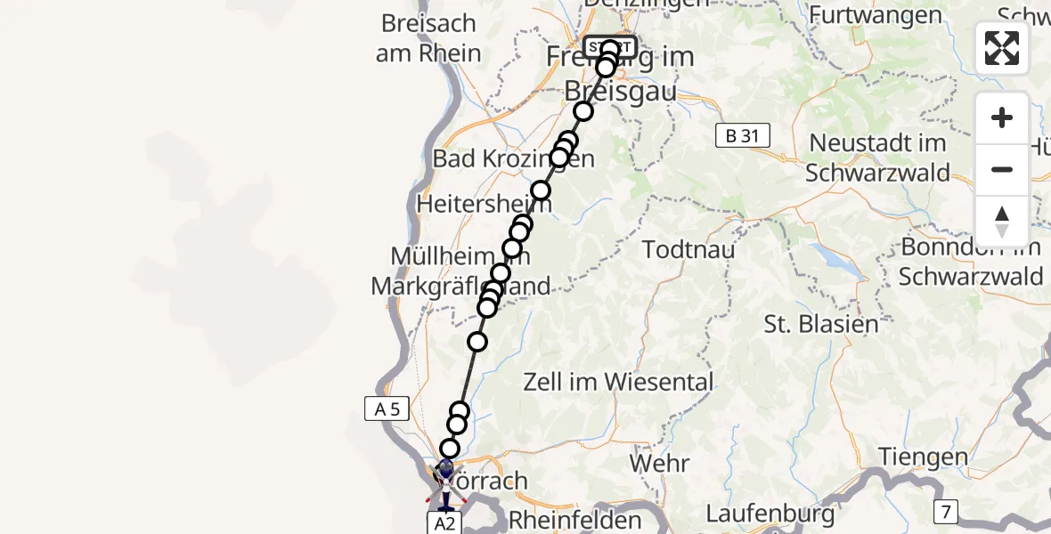 Flugroute Polizeihubschrauber Freiburg im Breisgau Flugplatz - Weil am Rhein, 29 Juli 2026, 11:29
