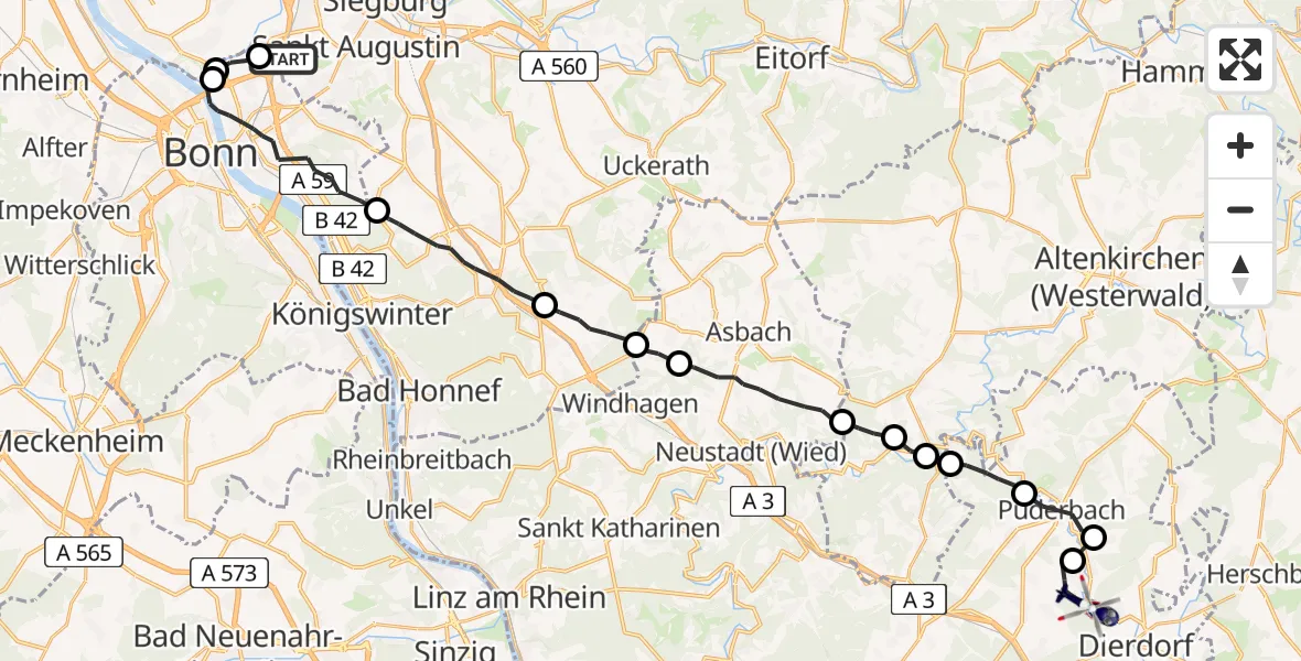 Flugroute Polizeihubschrauber Sankt Augustin - Raubach, 29 Juli 2026, 11:30