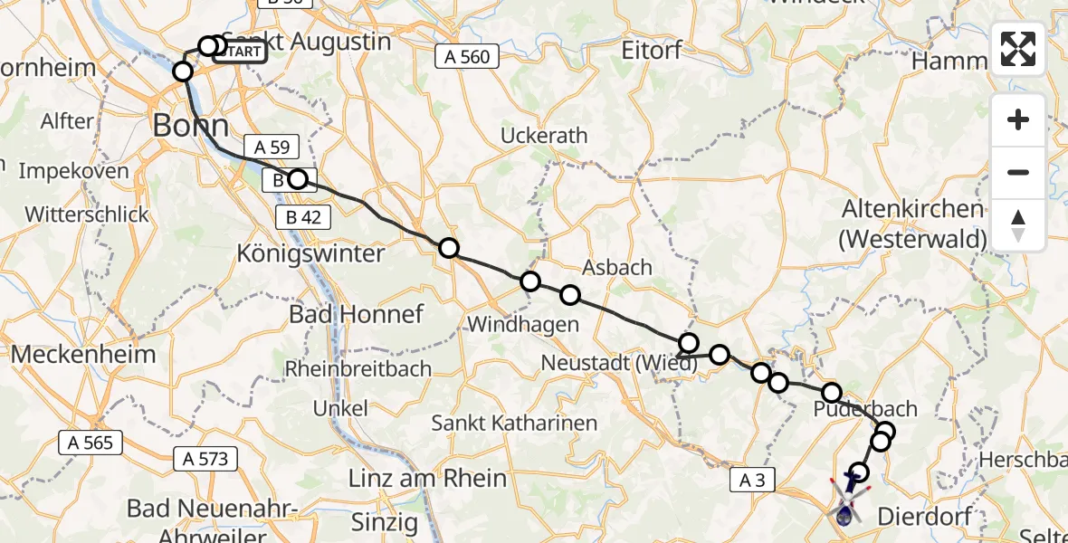 Flugroute Polizeihubschrauber Sankt Augustin - Dernbach, 29 Juli 2026, 11:32