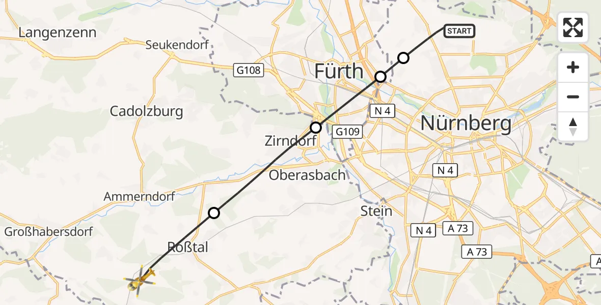 Flugroute Ambulanzhubschrauber Flughafen Nuremberg - Roßtal, 29 Juli 2026, 11:32
