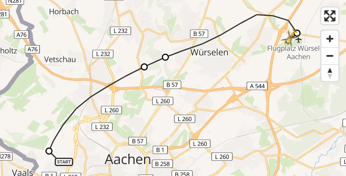 Flugroute Rettungshubschrauber Aachen Hospital - Aachen-Merzbrück Flughafen, 29 Juli 2026, 11:37