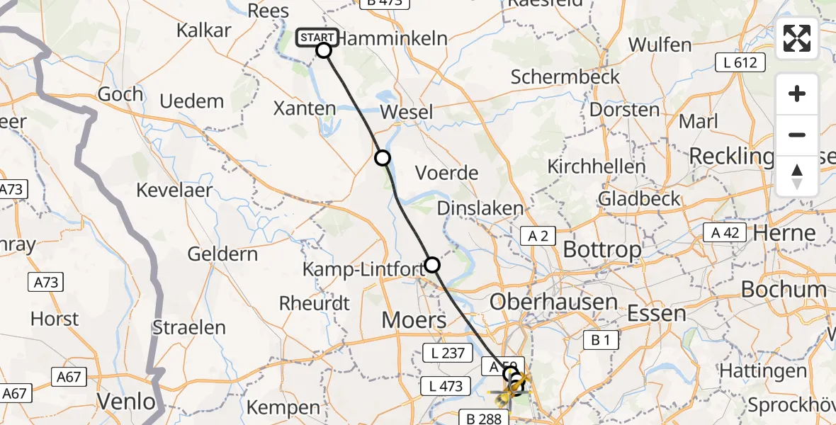 Flugroute Rettungshubschrauber Rees - Duisburg Air Rescue Hubschrauberlandeplatz (Christoph 9), 29 Juli 2026, 11:37