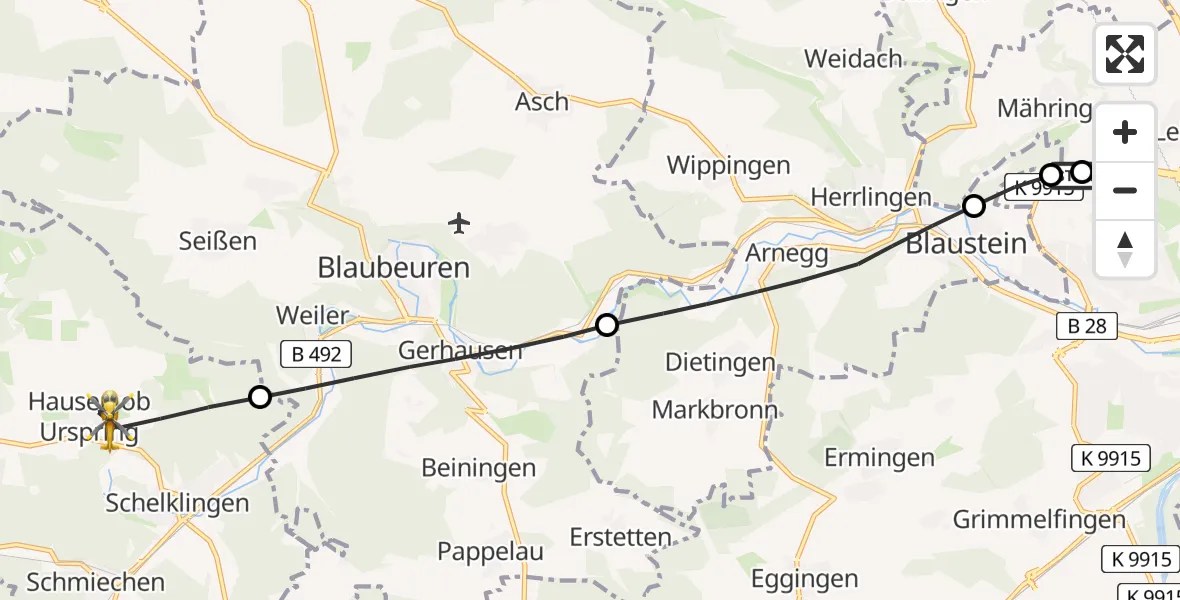 Flugroute Rettungshubschrauber Ulm Military Hospital Emergency - Schelklingen, 29 Juli 2026, 11:42