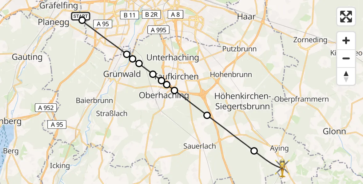 Flugroute Rettungshubschrauber DRF Air Rescue München Hubschrauberlandeplatz - Aying, 29 Juli 2026, 11:45