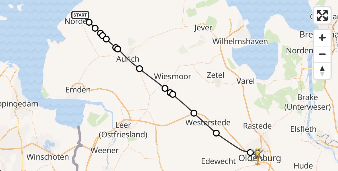 Flugroute Ambulanzhubschrauber Norden - Oldenburg (Oldb), 29 Juli 2026, 11:45