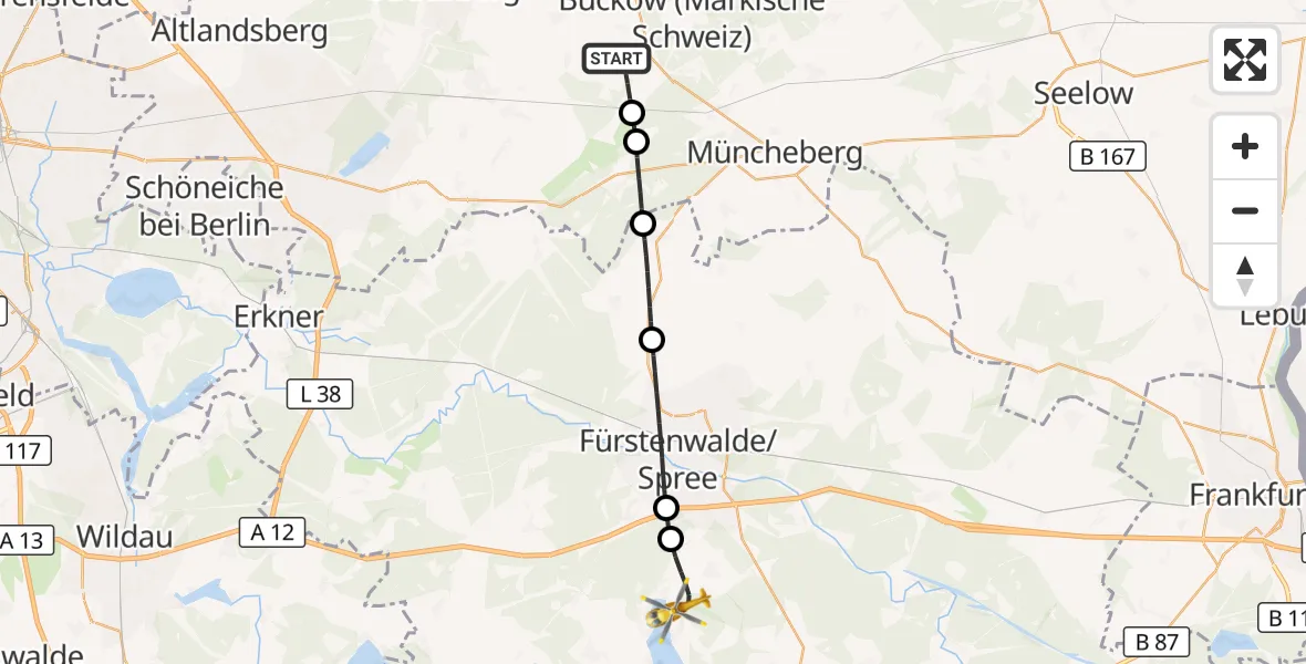 Flugroute Rettungshubschrauber Garzau-Garzin - Bad Saarow Hospital Hubschrauberlandeplatz, 29 Juli 2026, 11:46