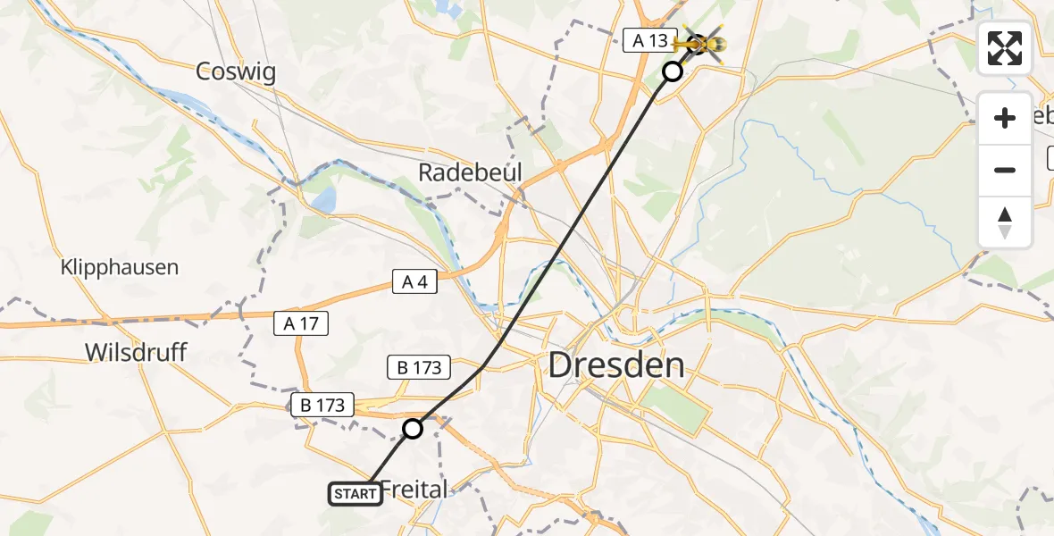Flugroute Rettungshubschrauber Freital - Dresden Bundespolizei Hubschrauberlandeplatz, 29 Juli 2026, 11:51