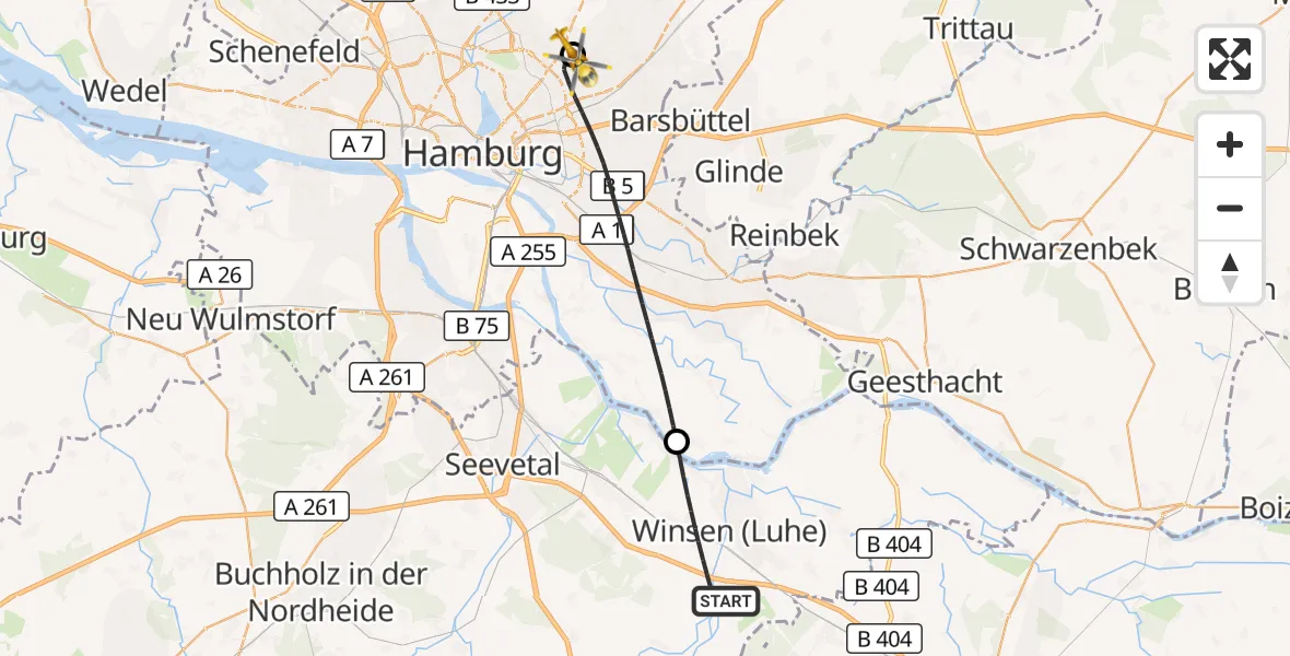 Flugroute Rettungshubschrauber Winsen (Luhe) - Hamburg Military Hospital, 29 Juli 2026, 11:52