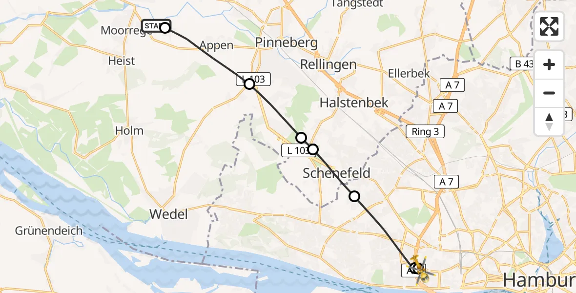Flugroute Ambulanzhubschrauber Moorrege - Asklepios Hospital Altona, 29 Juli 2026, 11:54