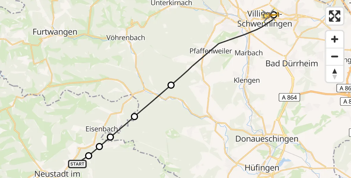 Flugroute Ambulanzhubschrauber Titisee-Neustadt - DRF Air Rescue Station Villingen-Schwenningen Hubschrauberlandeplatz (Christoph 11), 29 Juli 2026, 11:56
