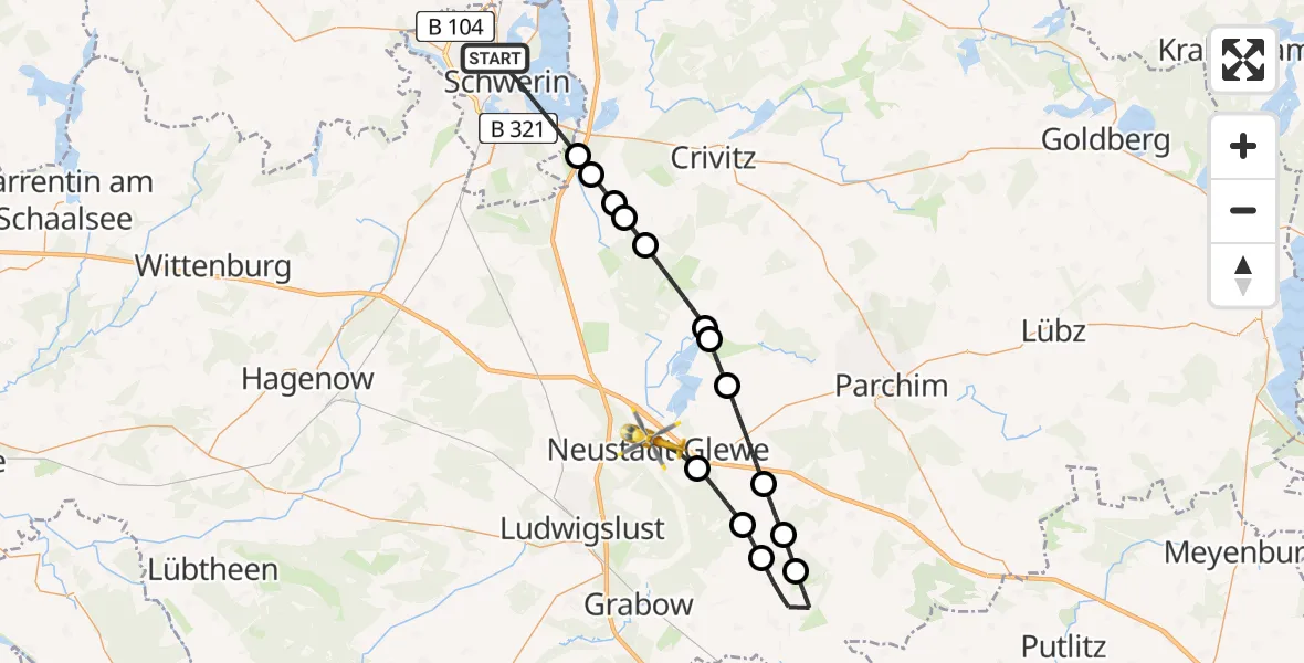 Flugroute Rettungshubschrauber Schwerin - Neustadt-Glewe, 29 Juli 2026, 11:57