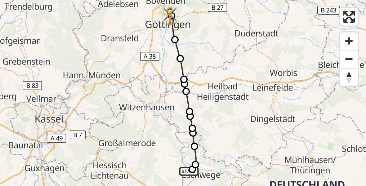 Flugroute Rettungshubschrauber Eschwege - Göttingen University Clinic Hubschrauberlandeplatz, 29 Juli 2026, 11:59