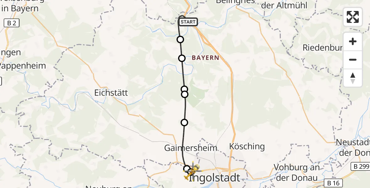 Flugroute Rettungshubschrauber Kinding - Ingolstadt Hospital, 29 Juli 2026, 11:59