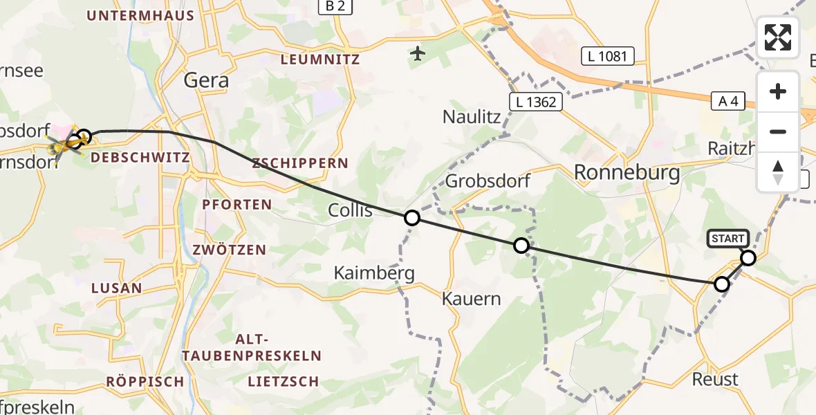 Flugroute Rettungshubschrauber Ronneburg - SRH Wald-Klinikum Gera Hospital, 29 Juli 2026, 12:01