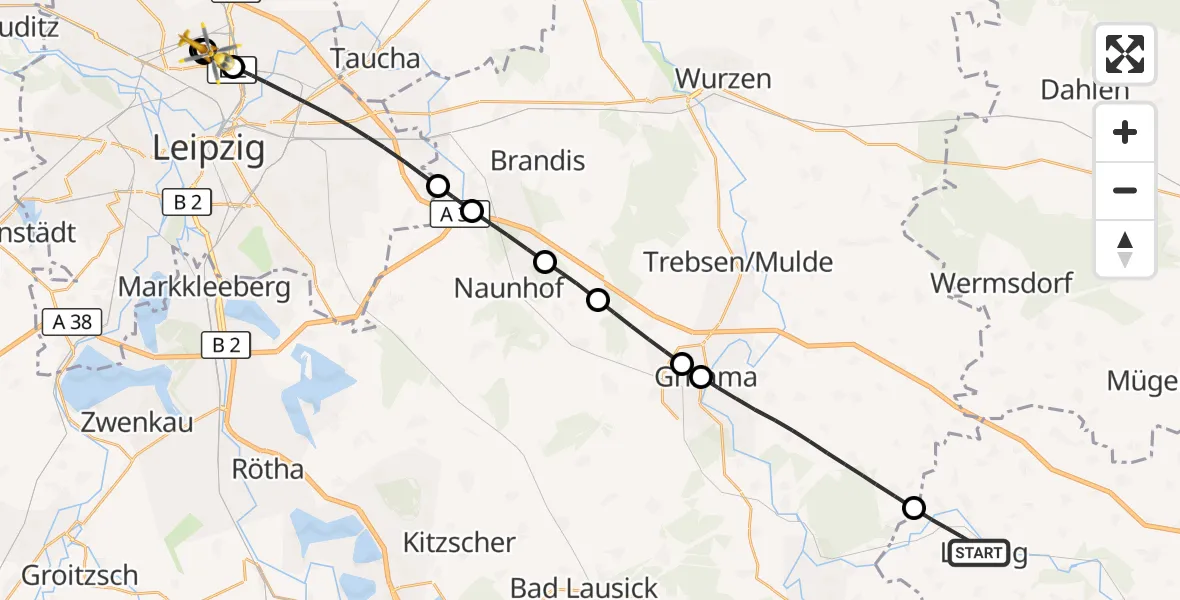 Flugroute Rettungshubschrauber Leisnig - Sankt Georg Hospital Leipzig Reserve, 29 Juli 2026, 12:02