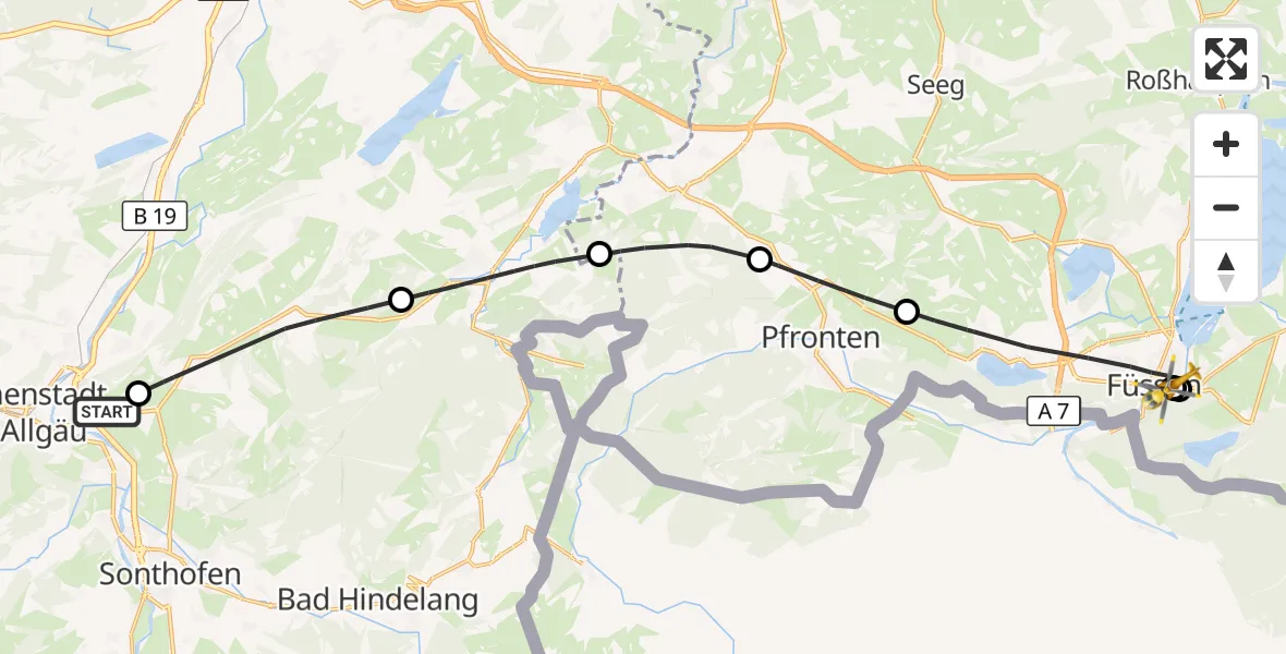 Flugroute Rettungshubschrauber Immenstadt i.Allgäu - Füssen, 29 Juli 2026, 12:02