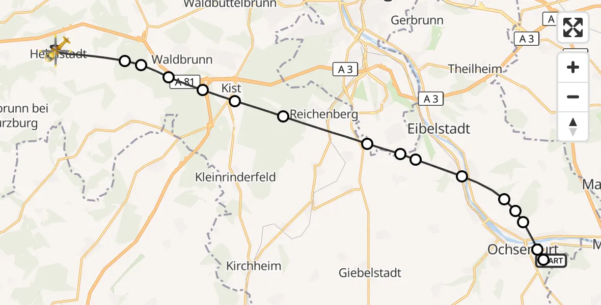 Flugroute Rettungshubschrauber Ochsenfurt Hospital - Helmstadt, 29 Juli 2026, 12:03