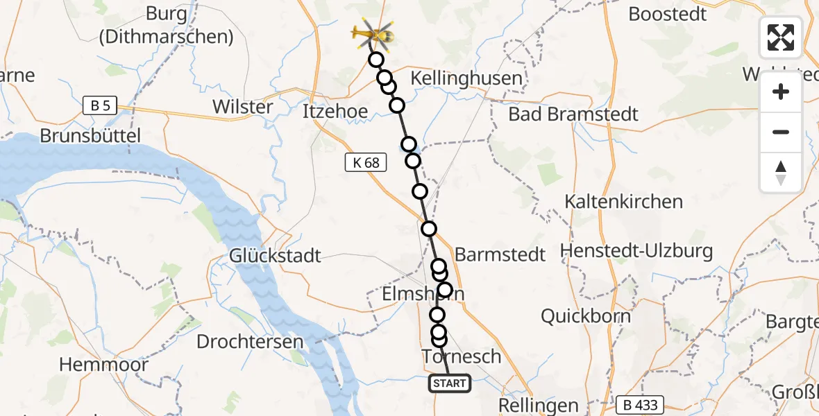 Flugroute Rettungshubschrauber Uetersen - Itzehoe Hungriger Wolf Flugplatz, 29 Juli 2026, 12:11