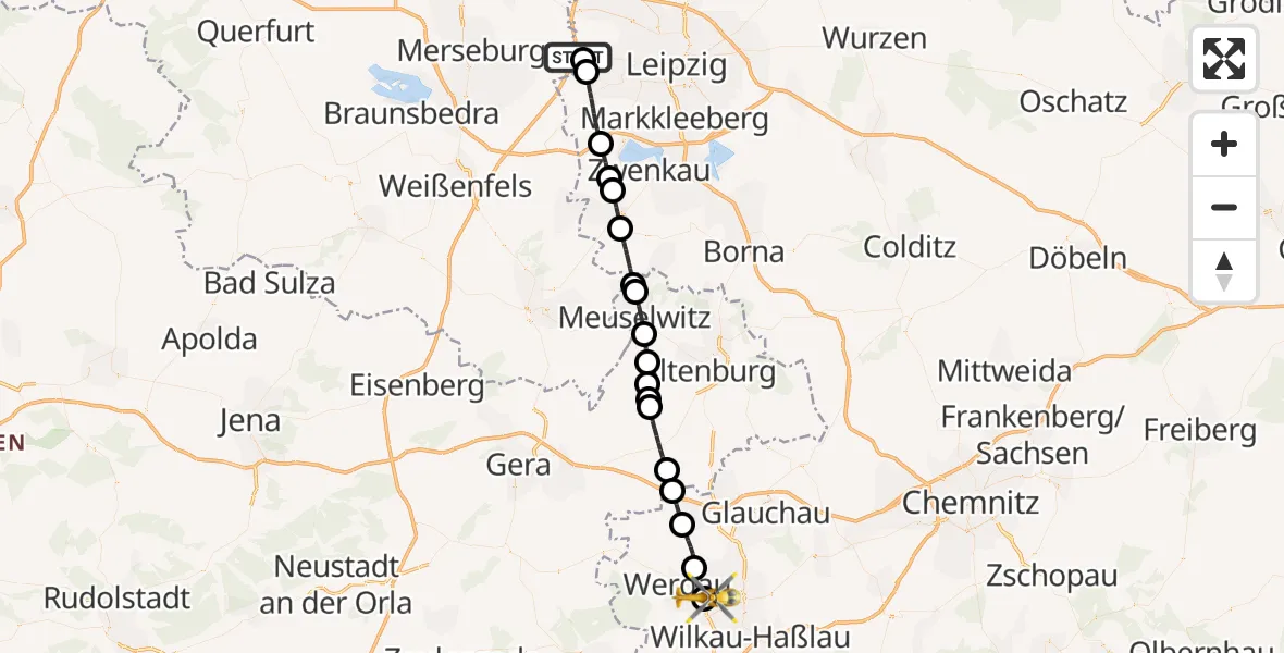 Flugroute Rettungshubschrauber ADAC Air Rescue Station Leipzig/Schkeuditz-Dölzig Hubschrauberlandeplatz (Christoph 61) - ADAC Air Rescue Station Zwickau Hubschrauberlandeplatz, 29 Juli 2026, 12:14