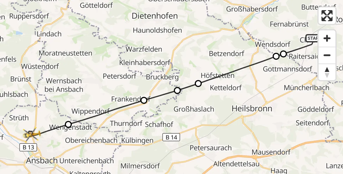 Flugroute Ambulanzhubschrauber Roßtal - Ansbach, 29 Juli 2026, 12:16