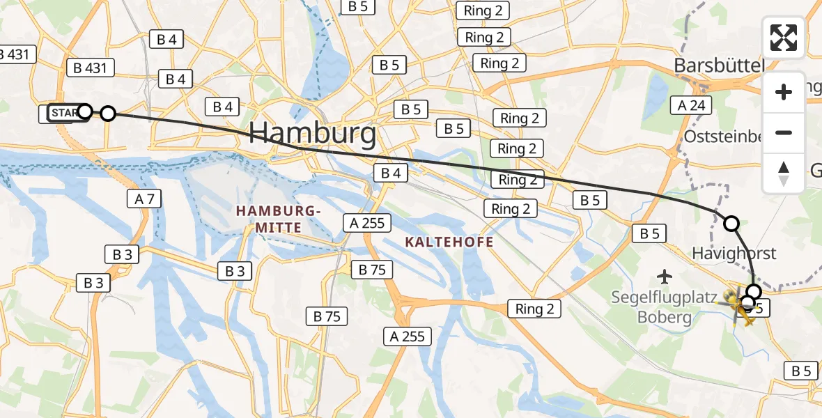 Flugroute Ambulanzhubschrauber Asklepios Hospital Altona - Christoph Hansa ADAC Hubschrauberlandeplatz, 29 Juli 2026, 12:16