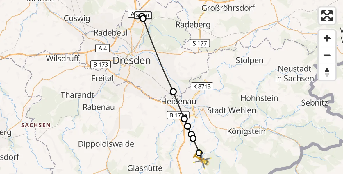 Flugroute Rettungshubschrauber Dresden Bundespolizei Hubschrauberlandeplatz - Bad Gottleuba-Berggießhübel, 29 Juli 2026, 12:17