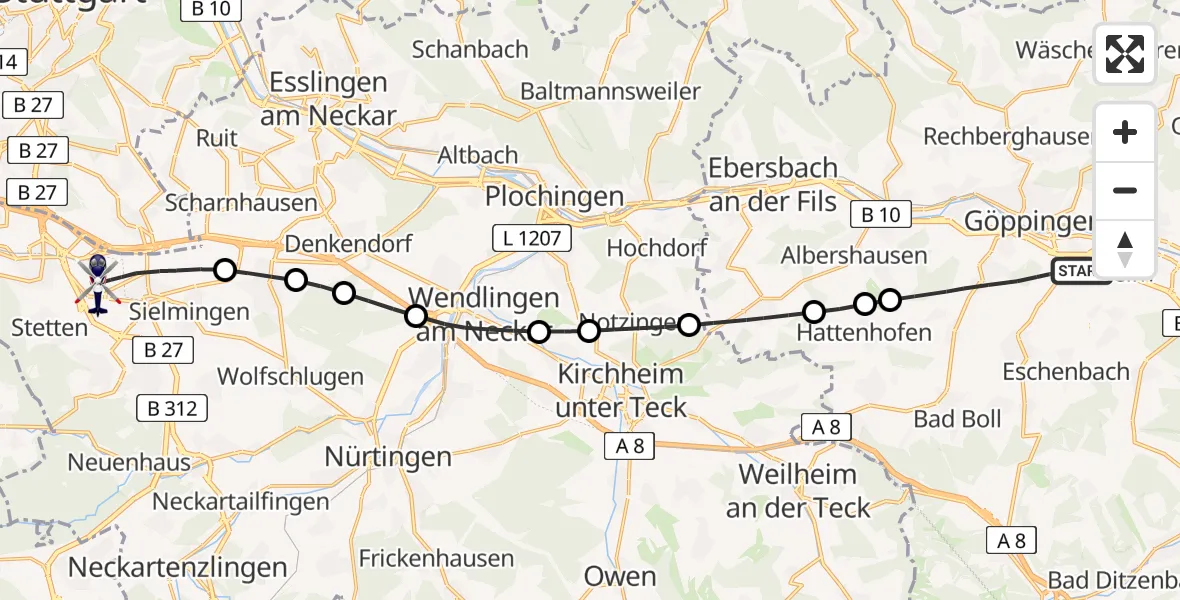 Flugroute Polizeihubschrauber Göppingen - Flughafen Stuttgart, 29 Juli 2026, 12:18