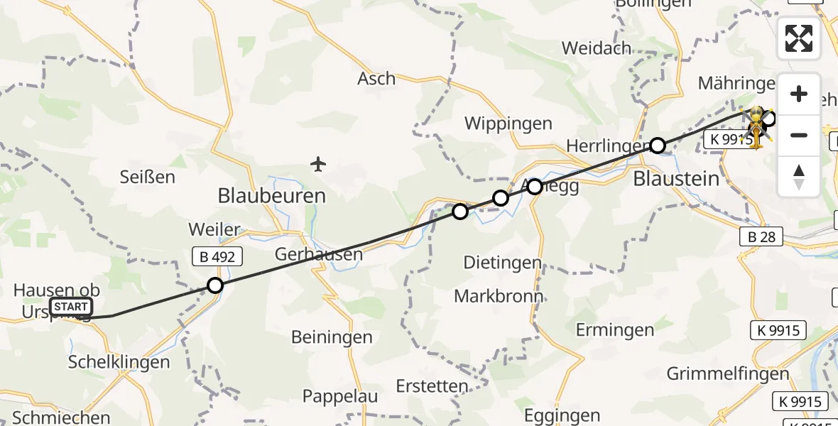Flugroute Rettungshubschrauber Schelklingen - ADAC Air Rescue Station Ulm (Christoph 22), 29 Juli 2026, 12:18
