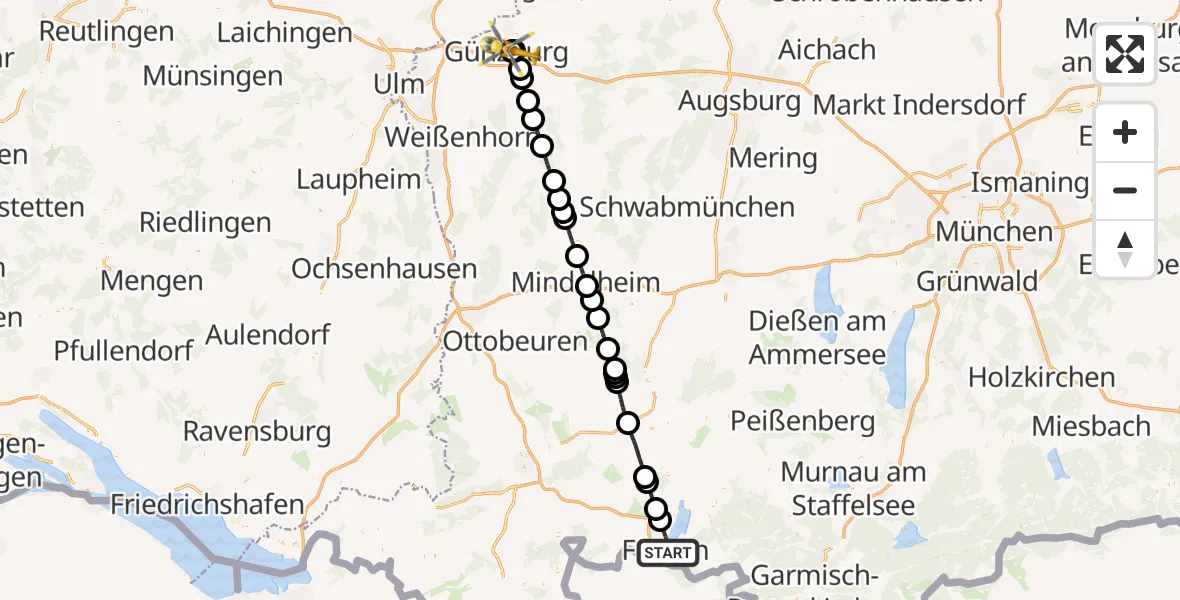 Flugroute Rettungshubschrauber Füssen - Günzburg Hospital, 29 Juli 2026, 12:31