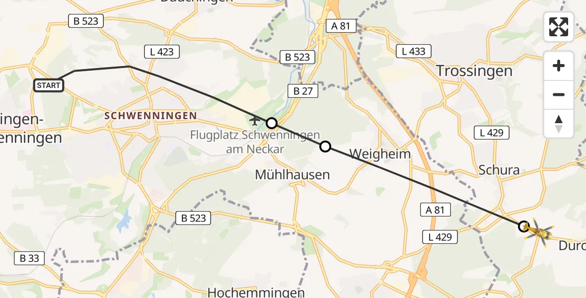 Flugroute Ambulanzhubschrauber Villingen-Schwenningen - Durchhausen, 29 Juli 2026, 12:37