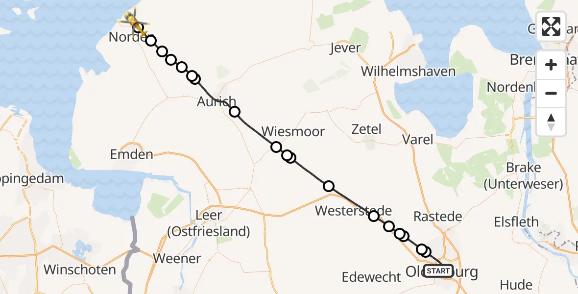 Flugroute Ambulanzhubschrauber Oldenburg (Oldb) - Norden, 29 Juli 2026, 12:38