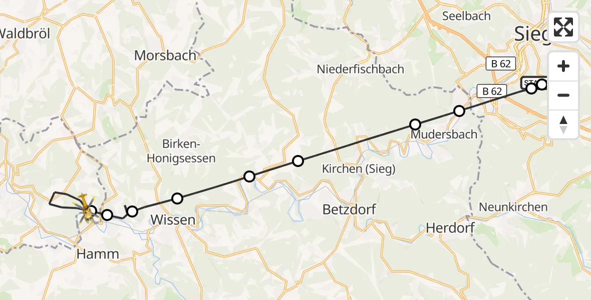 Flugroute Rettungshubschrauber Evangelisches Jung-Stilling Hospital - Windeck, 29 Juli 2026, 12:38