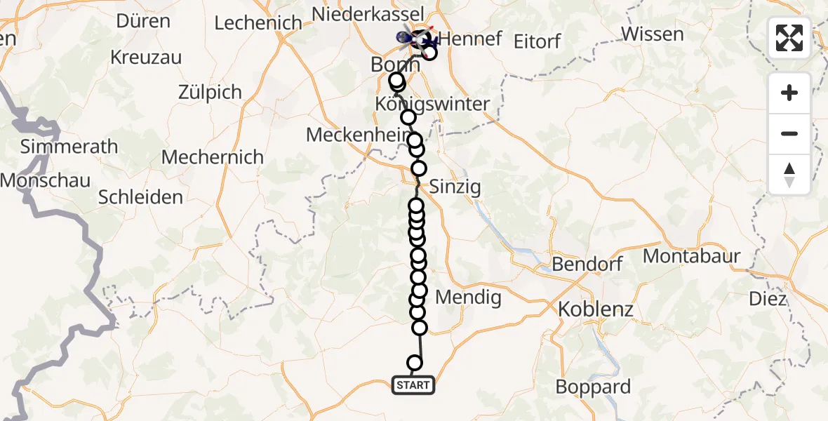 Flugroute Polizeihubschrauber Kaisersesch - Sankt Augustin, 29 Juli 2026, 12:40
