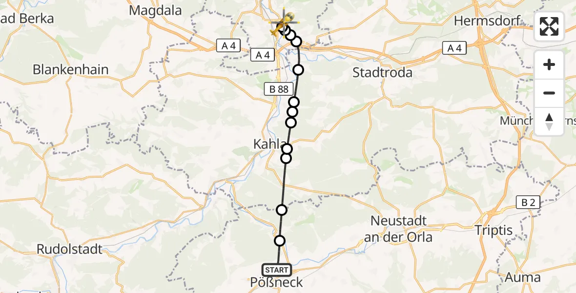 Flugroute Ambulanzhubschrauber Pößneck - Lobeda Hubschrauberlandeplatz, 29 Juli 2026, 12:41