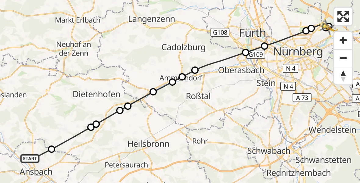 Flugroute Ambulanzhubschrauber Ansbach - Martha-Maria Nürnberg Hospital, 29 Juli 2026, 12:45