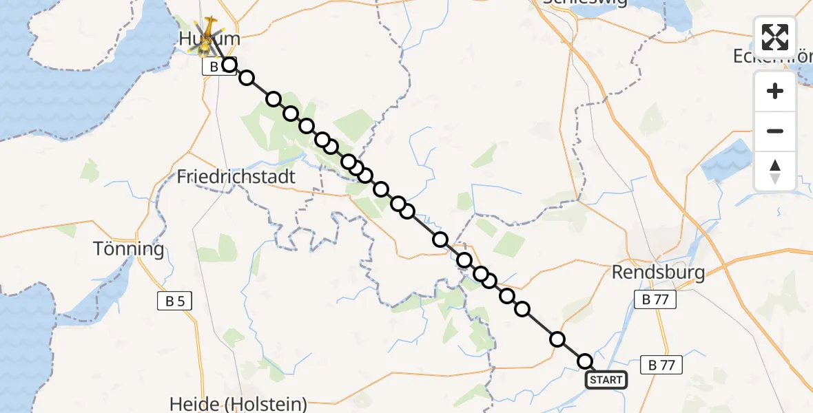 Flugroute Ambulanzhubschrauber Hörsten - Husum, 29 Juli 2026, 12:46