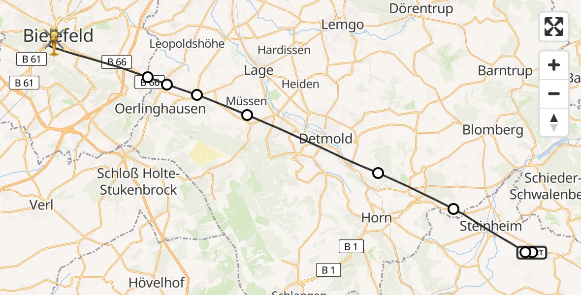 Flugroute Rettungshubschrauber Steinheim - Bielefeld, 29 Juli 2026, 12:52
