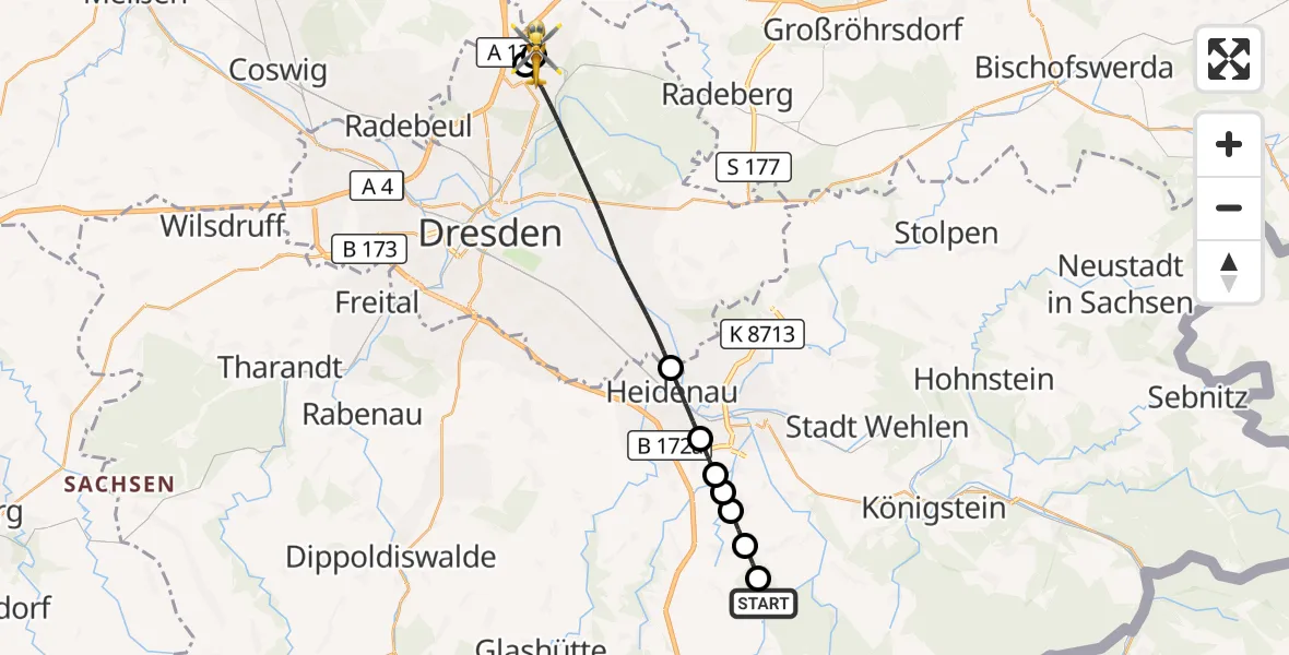 Flugroute Rettungshubschrauber Bad Gottleuba-Berggießhübel - Dresden Bundespolizei Hubschrauberlandeplatz, 29 Juli 2026, 12:54