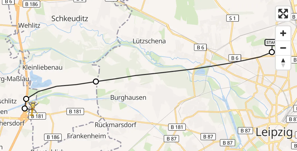 Flugroute Rettungshubschrauber Sankt Georg Hospital Leipzig Reserve - ADAC Air Rescue Station Leipzig/Schkeuditz-Dölzig Hubschrauberlandeplatz (Christoph 61), 29 Juli 2026, 12:57