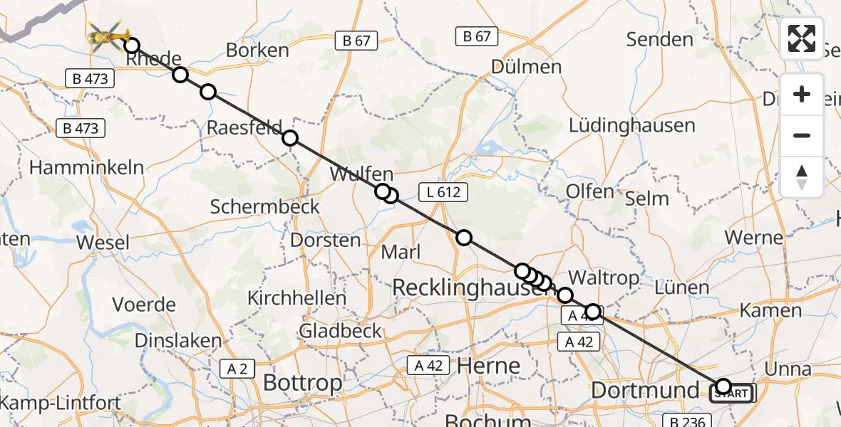 Flugroute Rettungshubschrauber Dortmund Flughafen - Bocholt, 29 Juli 2026, 12:57