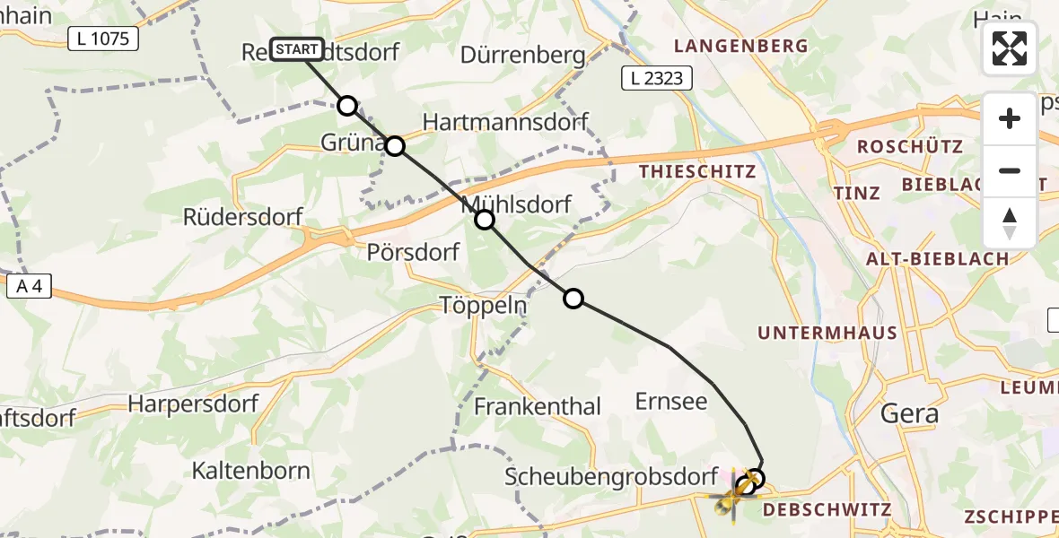 Flugroute Rettungshubschrauber Bad Köstritz - SRH Wald-Klinikum Gera Hospital, 29 Juli 2026, 13:01