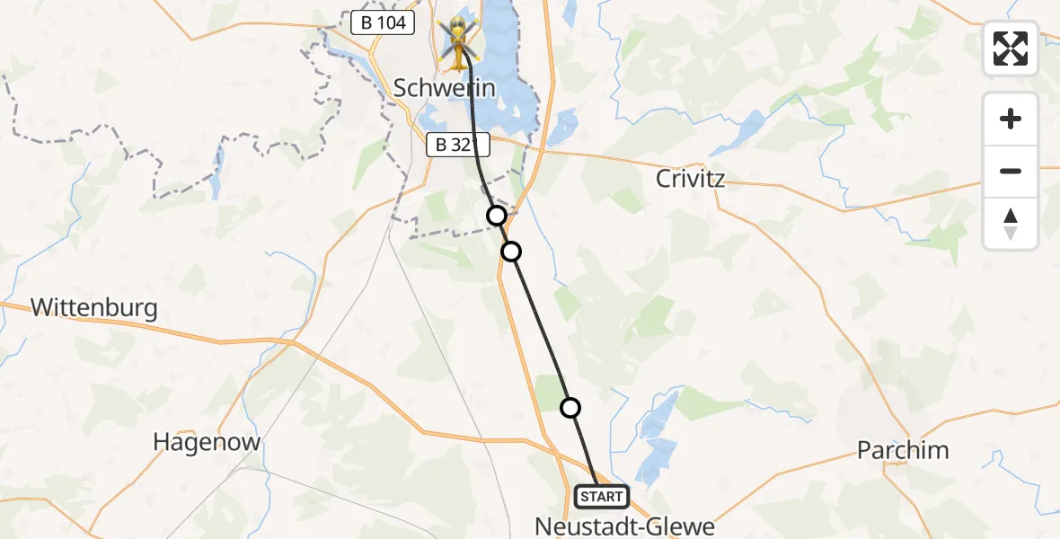 Flugroute Rettungshubschrauber Neustadt-Glewe - Schwerin, 29 Juli 2026, 13:01