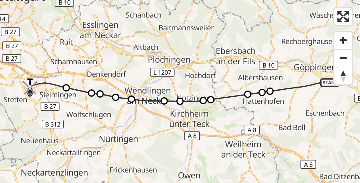 Flugroute Polizeihubschrauber Göppingen - Flughafen Stuttgart, 29 Juli 2026, 13:05