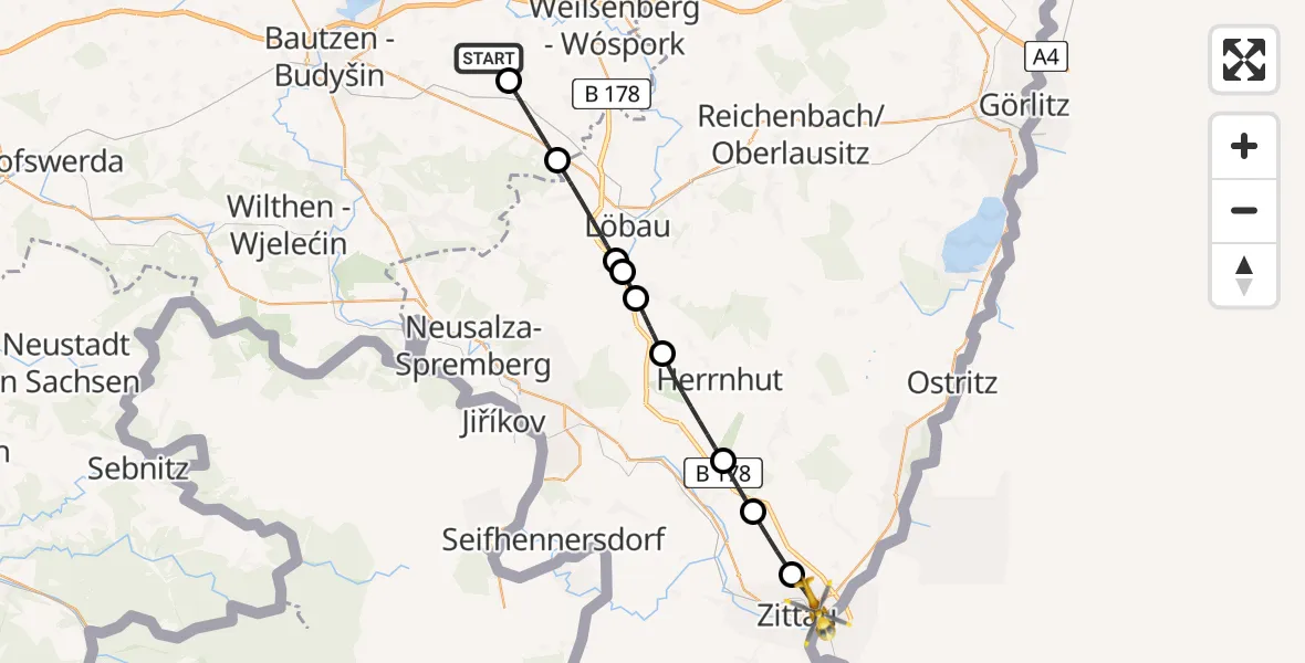 Flugroute Rettungshubschrauber Weißenberg - Zittau, 29 Juli 2026, 13:06